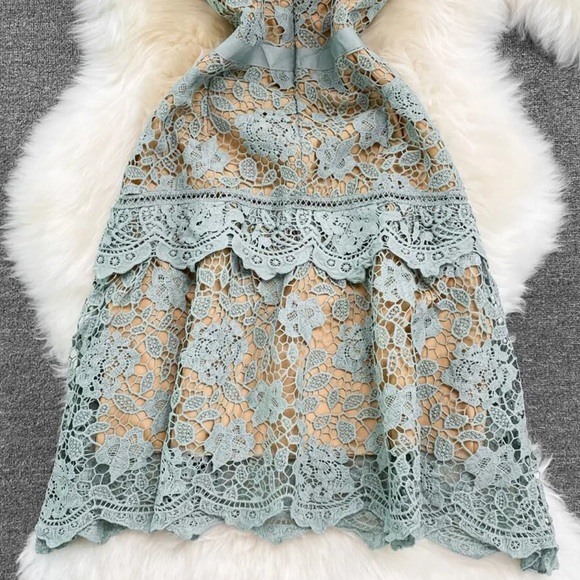 #152 Elegant Butterfly Sleeve Crochet Lace Casual O-neck High Waist Dress - Picture 12 of 16